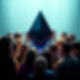 A diverse group of people collaborating around a digital representation of blockchain technology, symbolizing Ethereum's decentralized community.