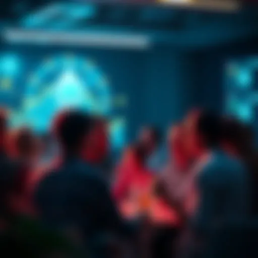 People engaging in a conversation about Ethereum with digital assets in the background