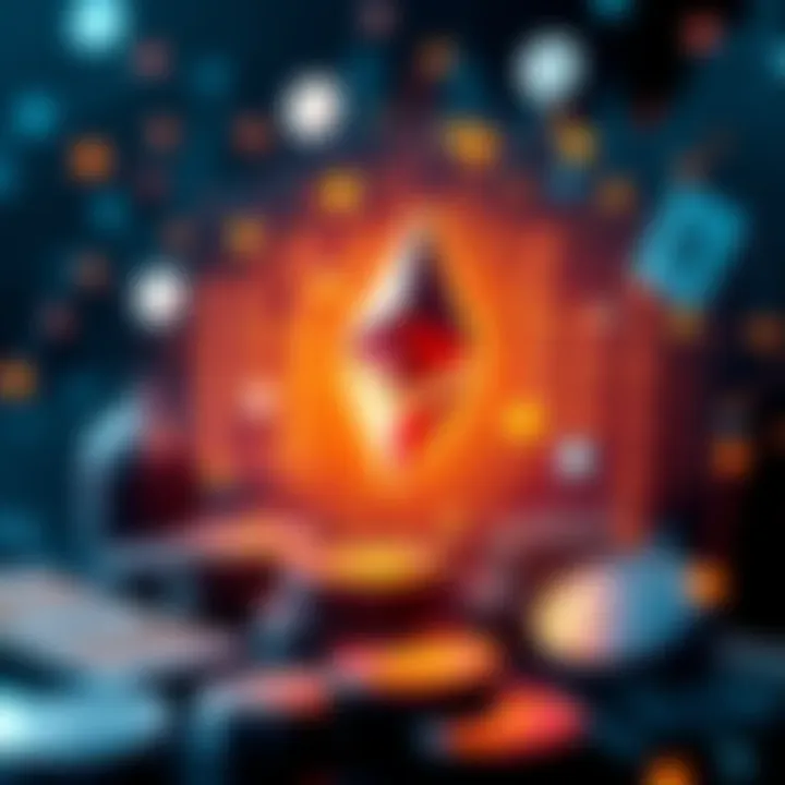 A visual representation of Ethereum's impact on finance with digital symbols and currency graphics, showcasing a new financial system without middlemen.