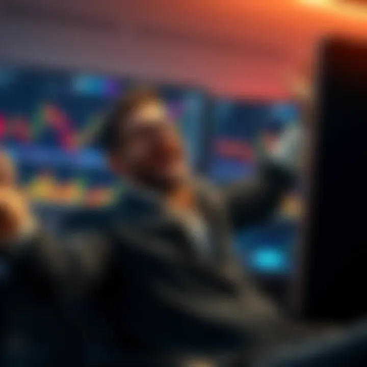 An investor celebrating after selling Ethereum for a large profit, showing excitement in front of a computer screen displaying cryptocurrency charts.
