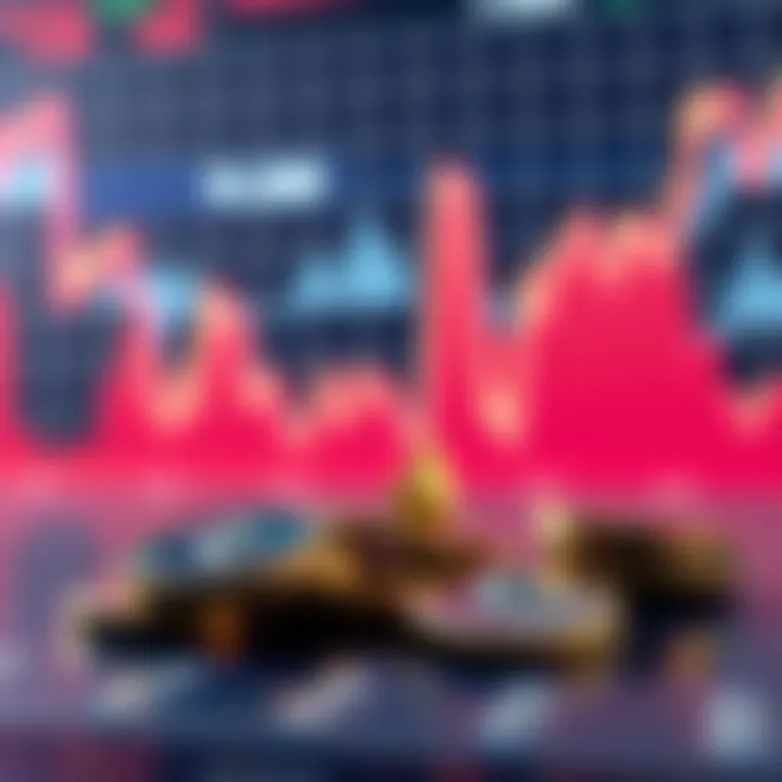 A downward trend line on a graph showing Ethereum's price dropping, with coins in the foreground.