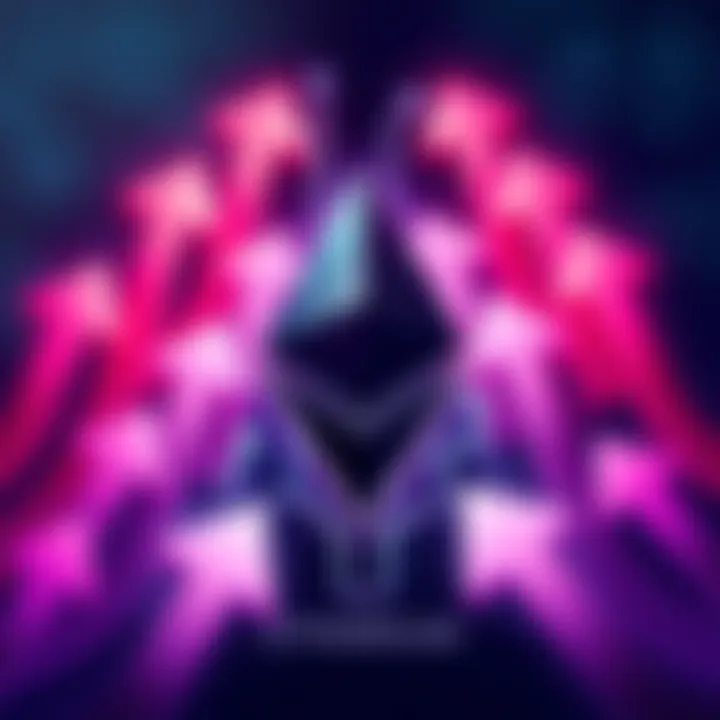 Ethereum logo surrounded by arrows pointing up, symbolizing price surge