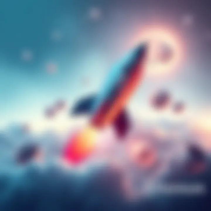A rocket symbolizing Ethereum's potential growth soaring into the sky with digital currency graphics around it.