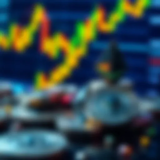 Illustration of Ethereum coins with a background of a financial graph showing rising prices, symbolizing growth from staking ETFs.