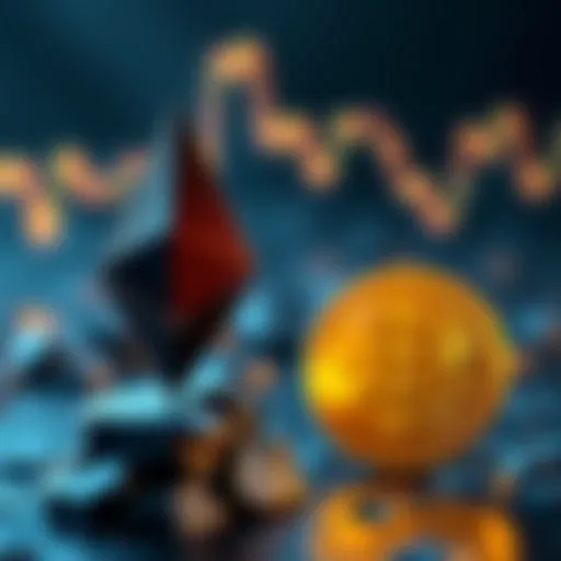 A graphic showing Ethereum symbol rising above the Bitcoin symbol, symbolizing potential market shift
