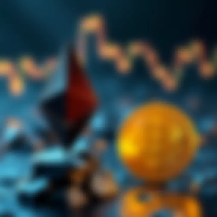 A graphic showing Ethereum symbol rising above the Bitcoin symbol, symbolizing potential market shift