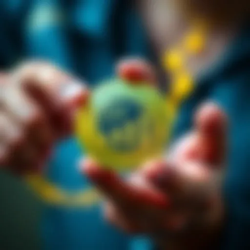 A person holding a digital coin with a fair distribution symbol, representing ethical cryptocurrency practices.