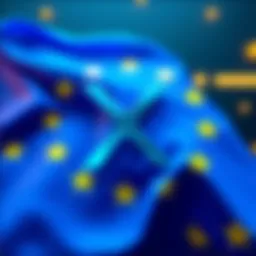 Illustration showing a digital representation of the XRP logo alongside the EU flag, indicating the new tariffs