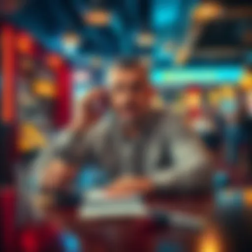 A man talking excitedly on the phone while sitting at a bar, with a notepad and pen nearby, hinting at a new crypto investment related to Twitter, Trump, and Kanye West.