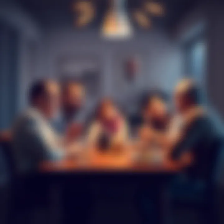 A family gathered around a table discussing Bitcoin during a reunion, with some looking curious and others skeptical.