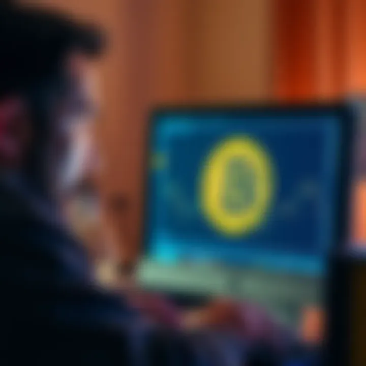 A distressed man looking at his computer screen displaying a Bitcoin logo with a sad expression, symbolizing loss in a scam.