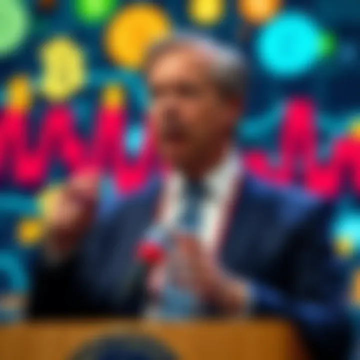 Political figure Nigel Farage speaking at a podium about cryptocurrency tax proposals, with a backdrop of digital currency symbols.