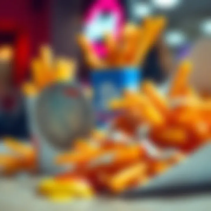 A colorful fast food meal with fries cooked in animal fat next to a bitcoin symbol, representing modern payment methods in fast food culture.