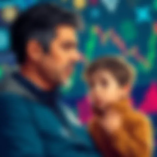A worried child talks to their father about his investment in XRP, with a backdrop of cryptocurrency symbols and charts, expressing concern over Ripple's practices and investment choices.
