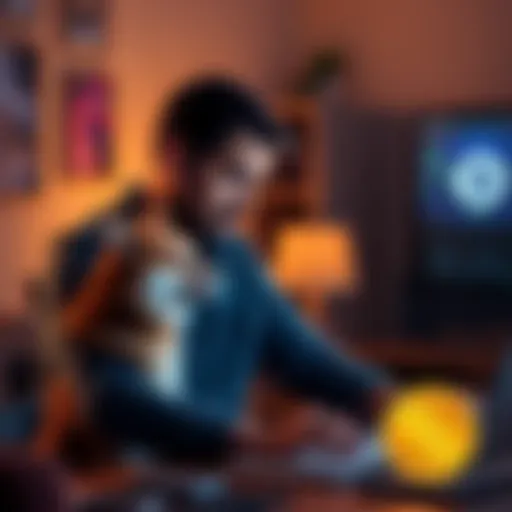 A father and child talking with a computer showing Dogecoin graphics in the background