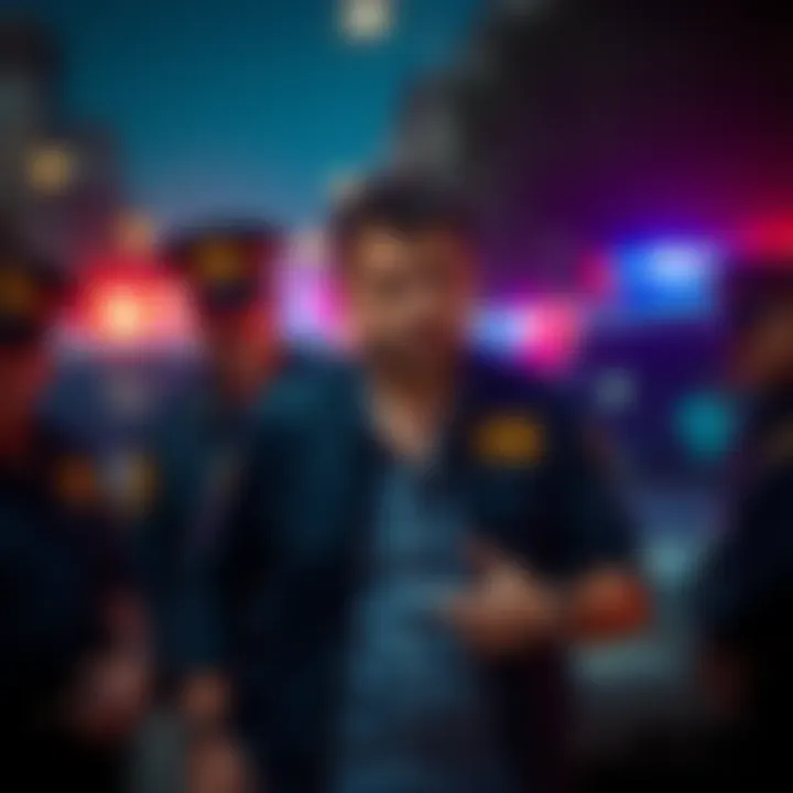 FBI agents arresting a man suspected of running a Ponzi scheme, with a backdrop of police vehicles and flashing lights.