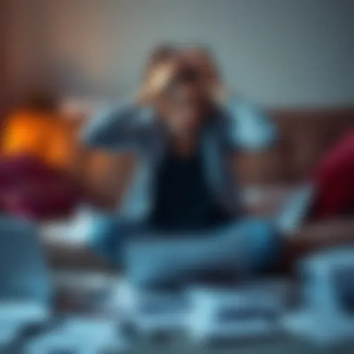 A person sitting on a couch, looking stressed, with their hands on their head, surrounded by disorganized papers and a laptop.