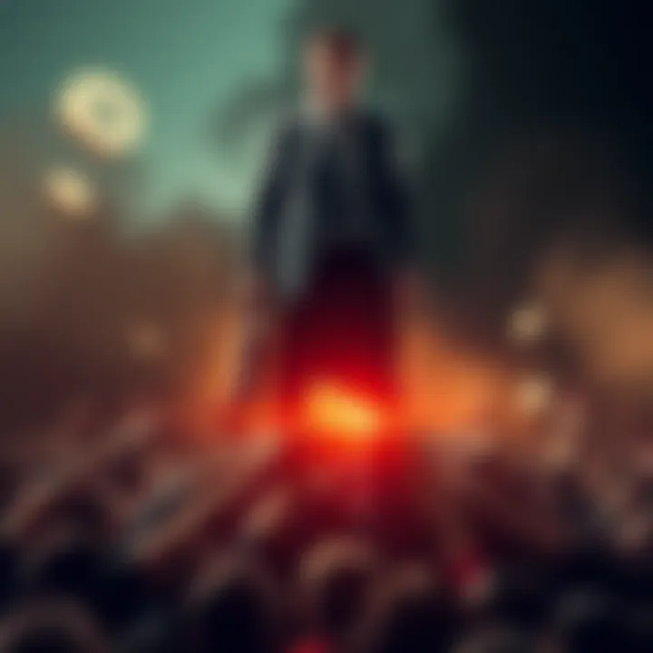 A powerful figure in a suit stands over a distressed crowd, symbolizing the violent enforcement of fiat currency. Dark shadows loom, representing coercion in financial systems.