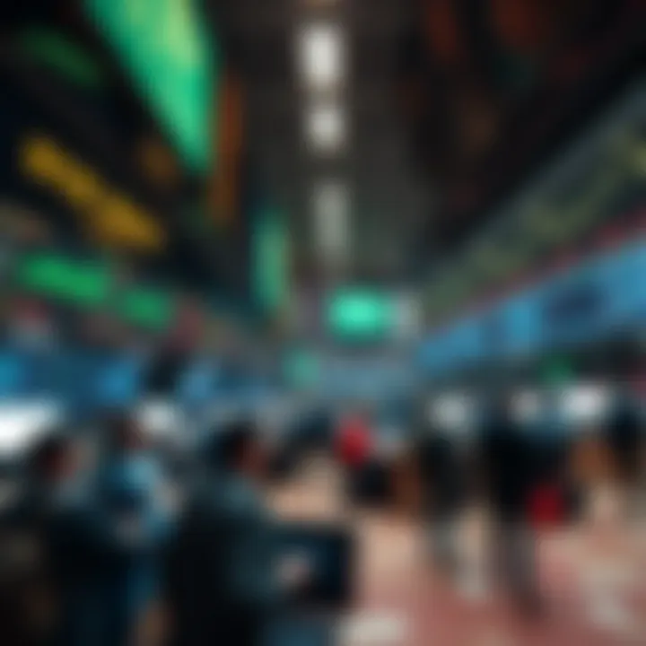 A bustling financial market scene showing traders reacting to a billion dollar trade deal, with charts and graphs displaying upward trends.