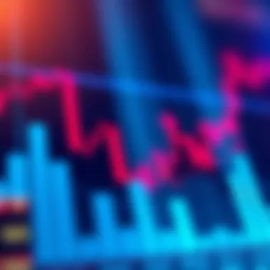 A close-up of a financial chart with clear upward and downward trends highlighted in blue and red, indicating market patterns.
