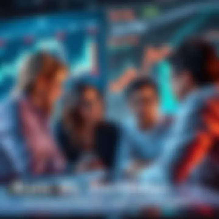 A group of people discussing a financial portfolio with charts and graphs in the background.