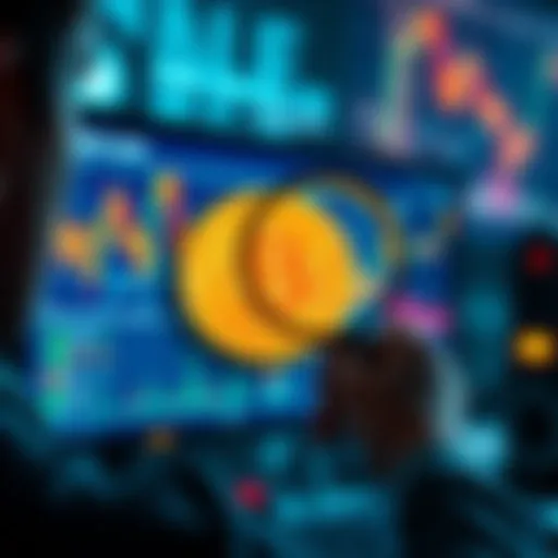 A person looking at a computer screen with Bitcoin charts and a magnifying glass, symbolizing the search for lost Bitcoin from 2009-2010.