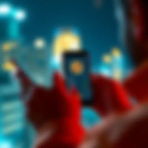 A person excitedly looking at a smartphone screen displaying a cryptocurrency wallet with coins visible