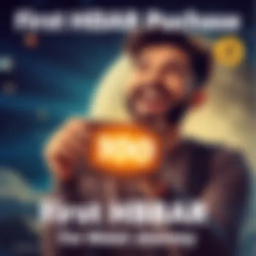 A joyful person holding a digital wallet showing 100 HBARs with a space theme in the background, symbolizing investment and exploration.
