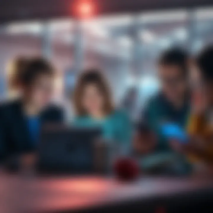 Group of people reading Flexa's latest blog post on laptops and phones, looking engaged and interested