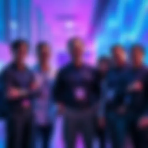 A former marketing specialist from Cardano and Microsoft standing with FET team members, all smiling and discussing strategies.