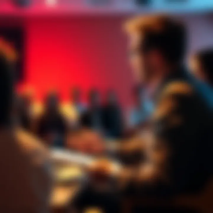 A person discussing their experience in front of a group, with notes and a laptop visible.