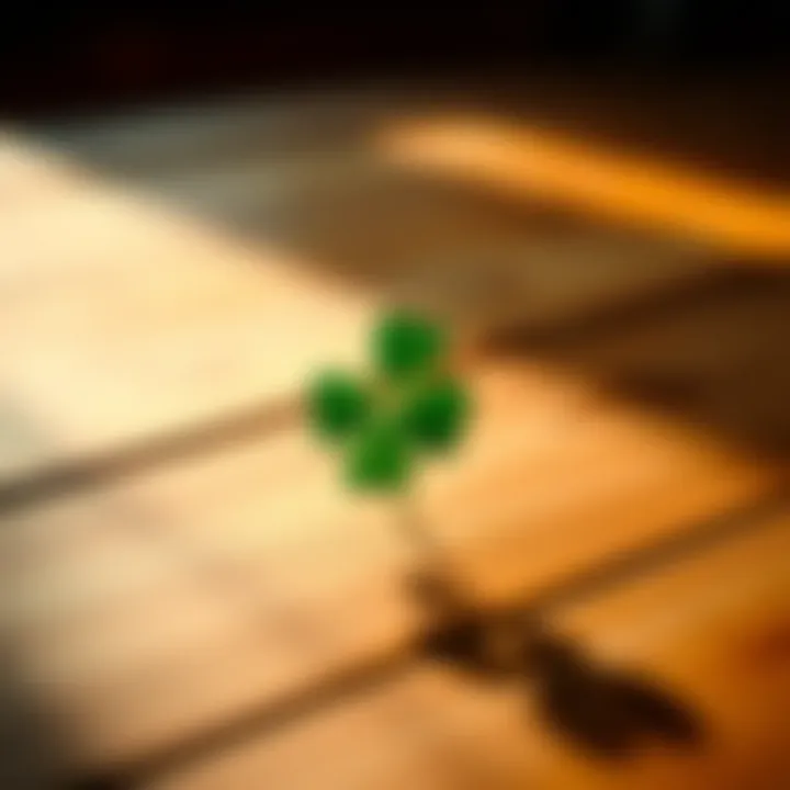 A close-up of a four-leaf clover symbolizing luck, placed on a wooden table with soft natural light