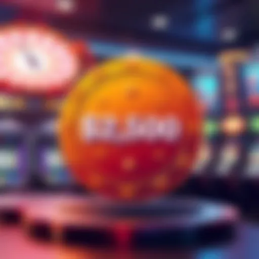 A concept image showing a large prize coin symbolizing $2,500 in free spins, with a casino theme background featuring slot machines.