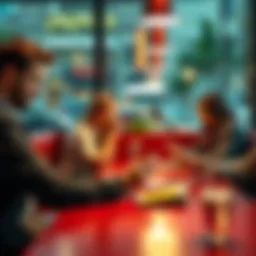 People using smartphones for free money transfers at a cafe table