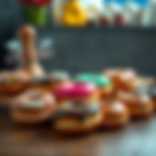 A variety of colorful donuts displayed on a wooden table, showcasing different flavors and toppings