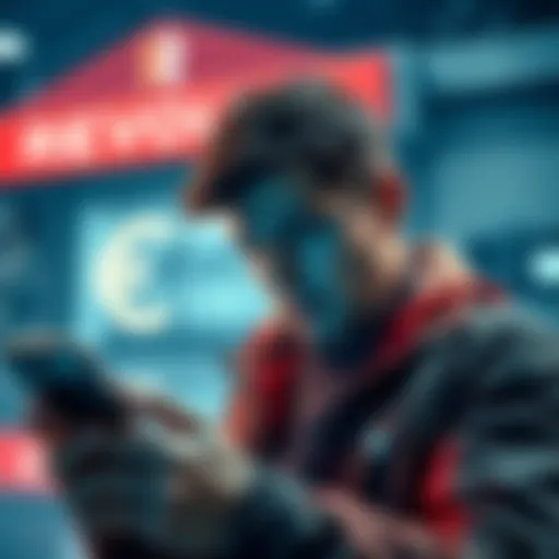A person looking stressed while checking their phone, with a background of a bank and a visible currency symbol, symbolizing financial trouble.