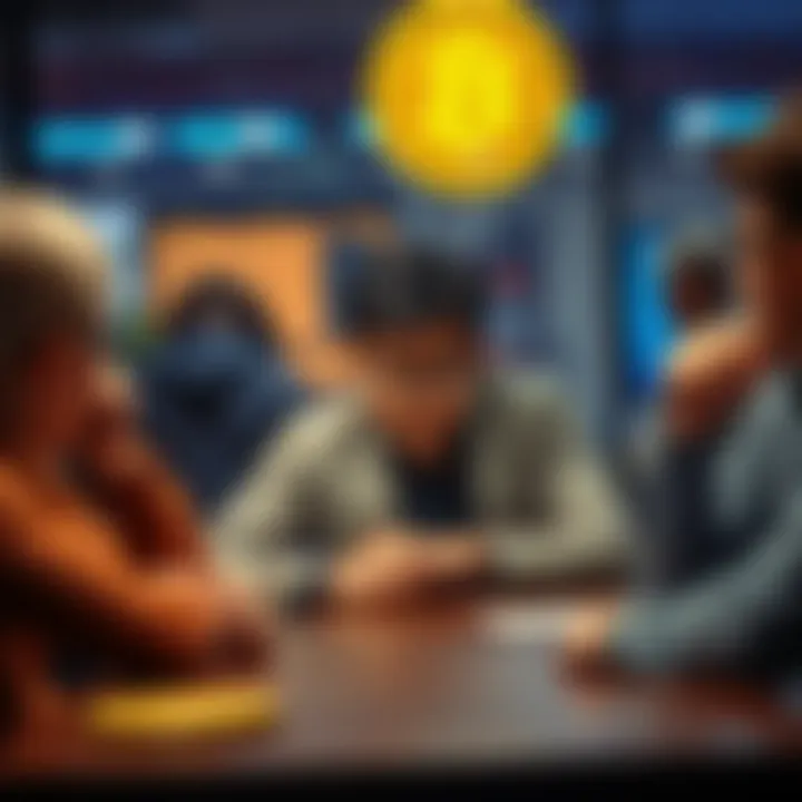 A person sitting at a table with a confused expression, trying to explain Bitcoin to others who look indifferent