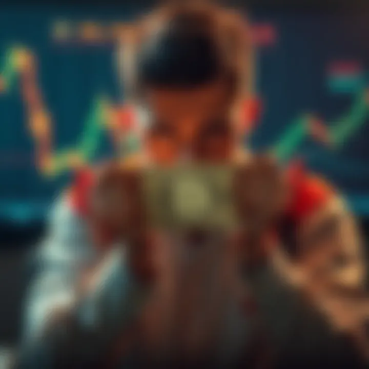A distressed cryptocurrency investor holding their head in hands, looking at a financial chart showing sharp declines