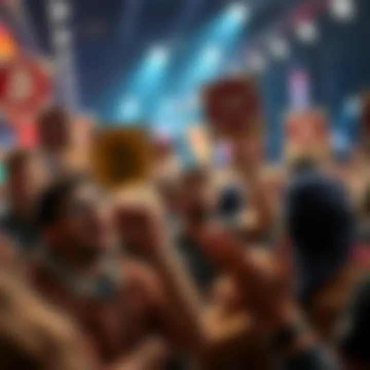 A group of people expressing anger and frustration towards Bitcoin at a public event, with signs showing declining interest in cryptocurrency.