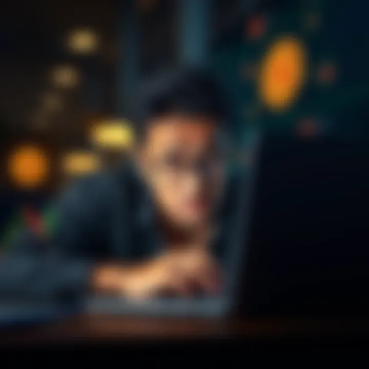 A person looking frustrated while using a laptop with crypto-related graphics on the screen, expressing disappointment with Coinbase, thinking about switching platforms.