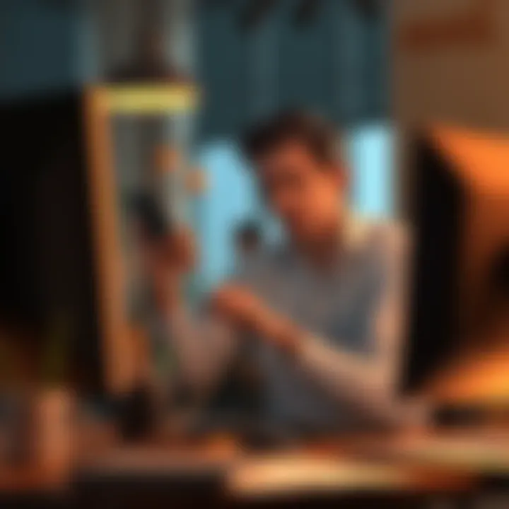 A frustrated customer sitting at a desk, holding a phone while looking at their computer, expressing concern over account restrictions.