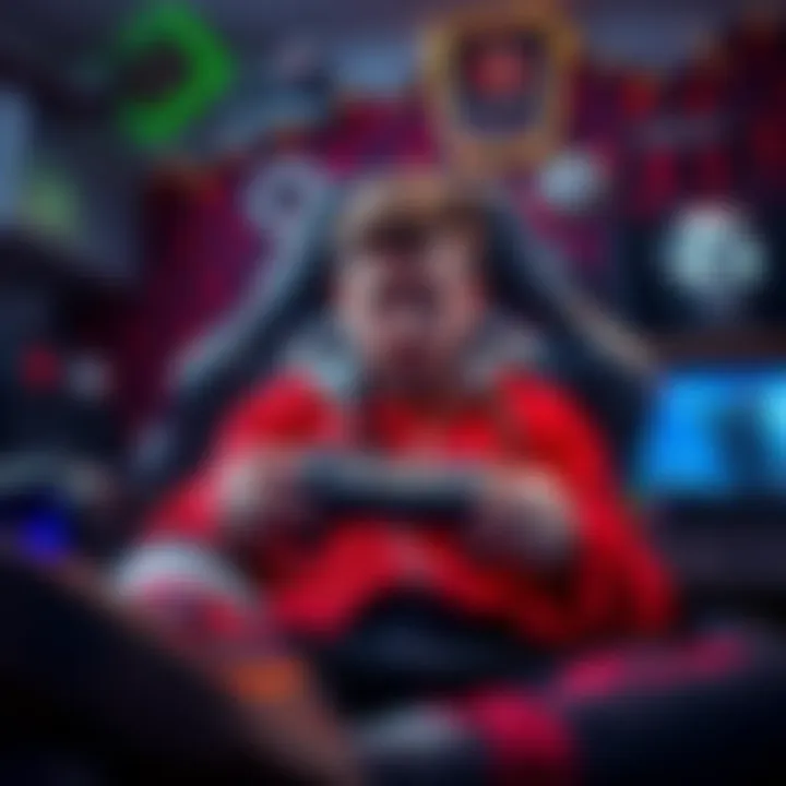 A fan sitting in a gaming chair looking upset while holding a gaming controller, surrounded by merchandise from their favorite franchise.