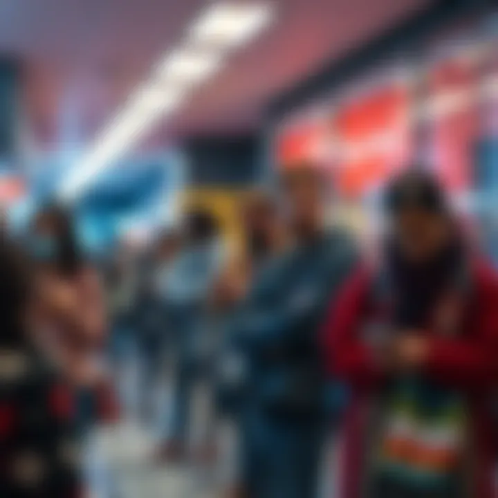 A group of frustrated people waiting in line at a bank during busy hours, looking at their phones and checking the time as they deal with transfer delays.