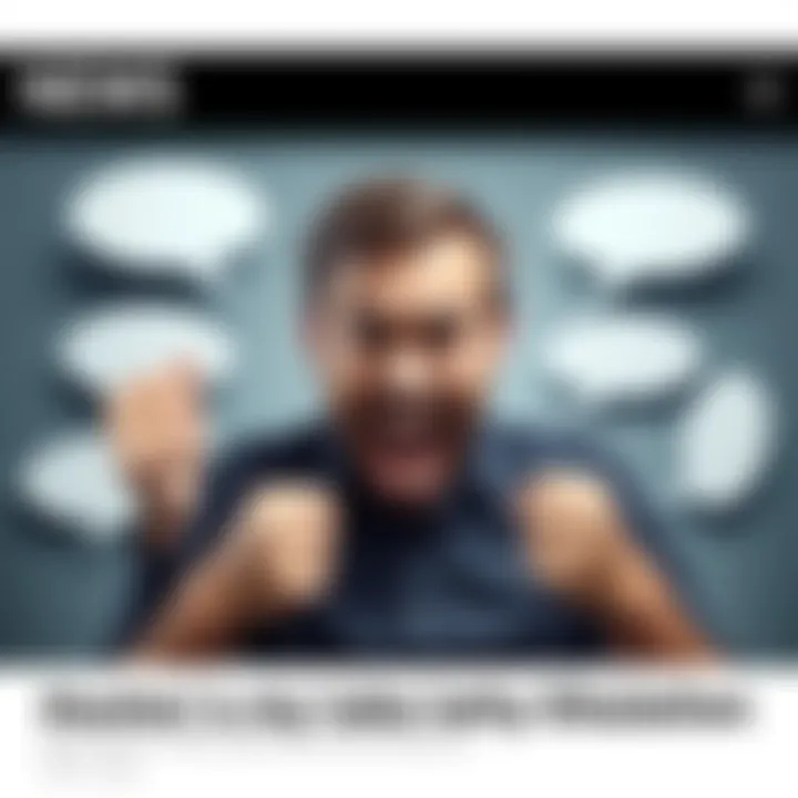 Person expressing frustration A person showing frustration, with a furrowed brow and clenched fists, surrounded by speech bubbles representing different opinions.