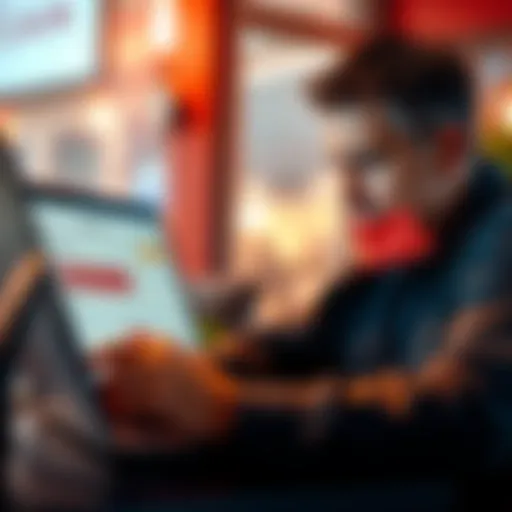 A person looking stressed while checking their bank account on a laptop, showing monthly deductions and a blocked withdrawal of funds.