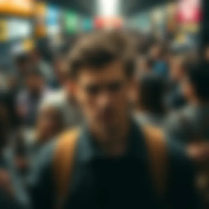 Frustrated Person in a Crowded Space A person with a frustrated expression, standing amidst a crowd of busy people, highlighting feelings of overwhelm and daily challenges.