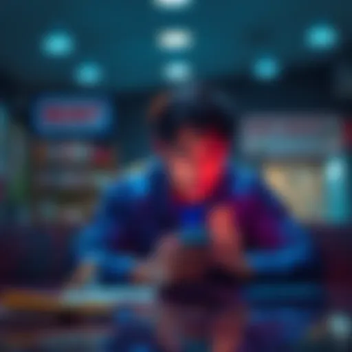 A person sitting at a table, looking frustrated while checking their phone, surrounded by reminders about rent boosts