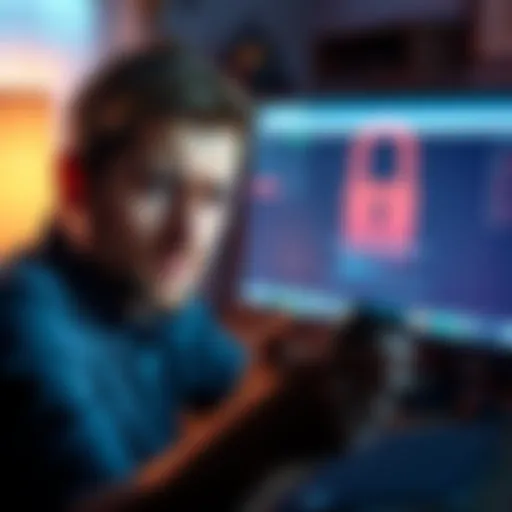 A person looking at a smartphone with a frustrated expression, showing concern over account access issues, with a computer in the background displaying a locked screen.