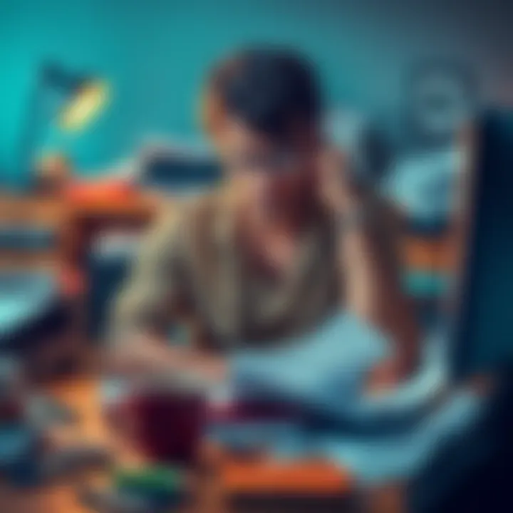 A person sitting at a cluttered desk with a stressed expression, surrounded by papers and a coffee cup, reflecting daily life frustrations.