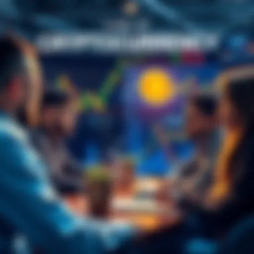 A group of people discussing cryptocurrencies with charts and graphs in the background, representing investment and future predictions.
